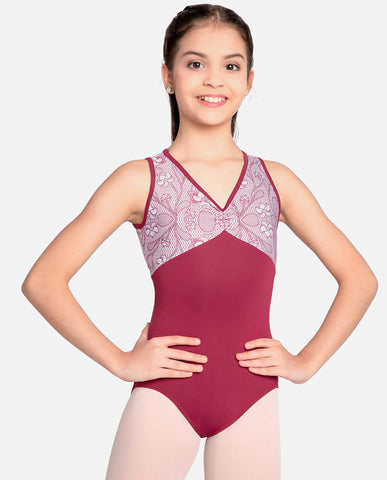 Adult V-Neck Mesh Panel Leotard - Manon - Bordeaux