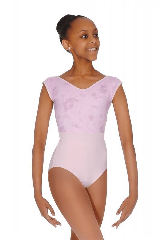 Girls Cap Sleeve with Soft Mesh Print Leotard - Light Lilac