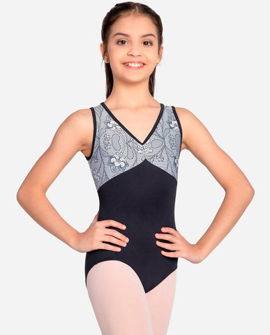 Child V-Neck Mesh Panel Leotard - Manette