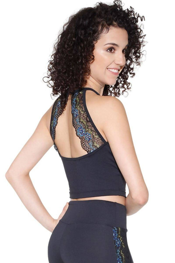 Ladies Black Microfibre Top with Coloured Lace